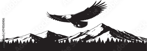 black vector of soaring eagle over mountain in silhouette 