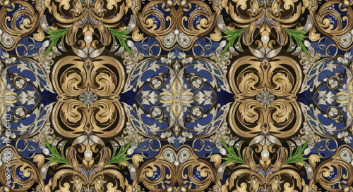 Intricate gold and blue baroque pattern with floral, jeweled accents