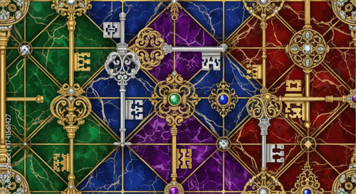 Ornate keys overlaying patterned marble squares in gold framework
