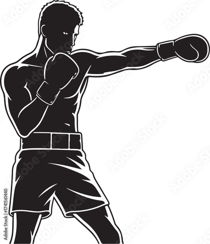 black vector of boxer mid punch in silhouette