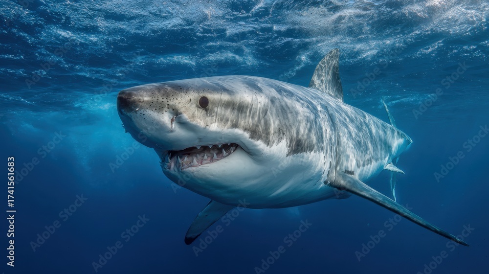 Fototapeta premium A shark is swimming in the ocean with its mouth open. The shark is large and has a menacing look on its face. The water is clear and blue, and the shark is surrounded by a school of fish