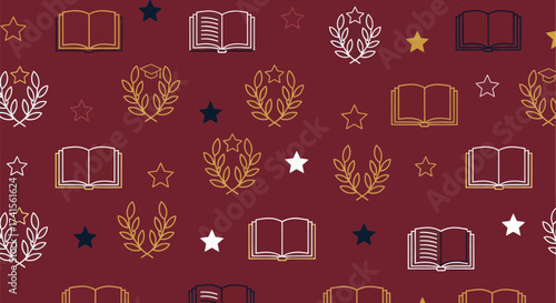 Books, stars, and laurels pattern on a maroon background