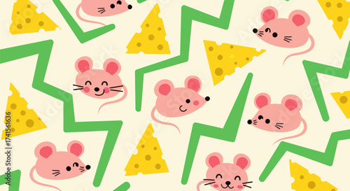 Cartoon style pattern with pink mouse heads, yellow cheese wedges, and green zig-zag lines on a light background