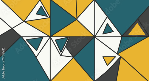 Geometric abstract pattern with triangles in teal, mustard yellow, gray, and white with black outlines