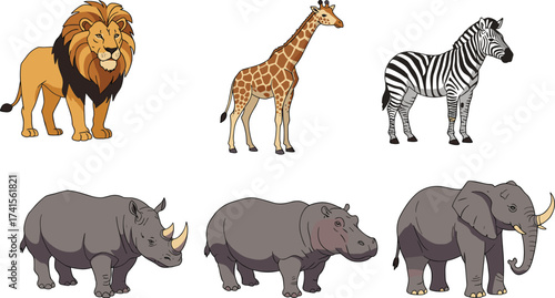 Canvas Print African wild animals illustration, lion, giraffe, zebra, rhino, hippo, elephant,
