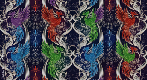 Ornate phoenix pattern on dark background, vibrant colors, symmetrical