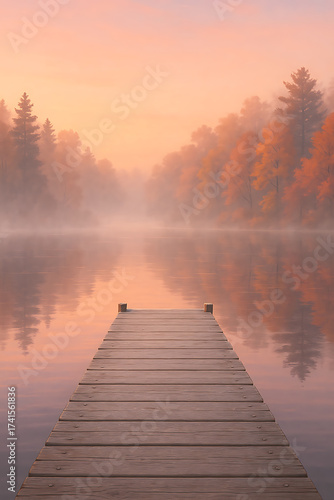 Wooden pier extending into misty lake at sunrise surrounded by calm water and colorful autumn trees
