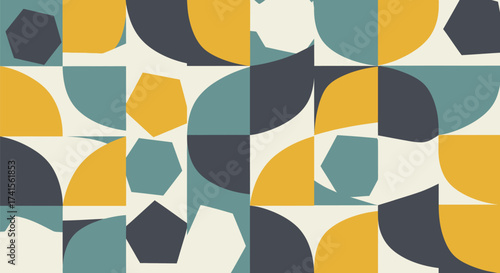 Retro, geometric pattern with circles and polygons