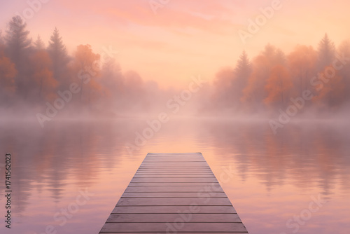 Wooden pier over serene lake with autumn forest reflection in soft morning mist and warm light