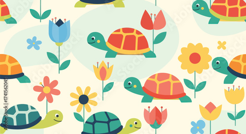 Whimsical pattern of turtles and flowers on a cream background