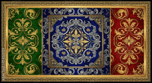 Ornate, bordered art divided into green, blue, and red panels
