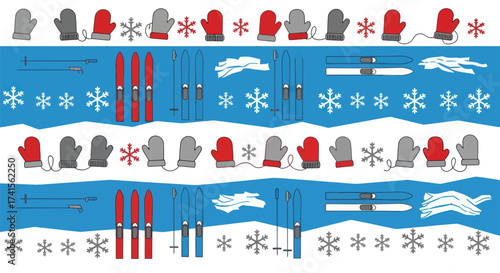 Winter scene with mittens, skis, poles, snow, and snowflakes on a blue and white background