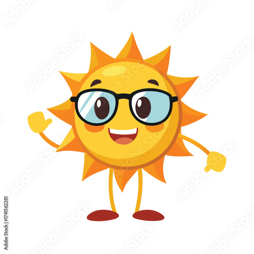 Cute Cartoon Sun Waving and Wearing Sunglasses on White Background