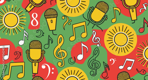 Colorful, patterned backdrop with music notes, sun icons, and microphones