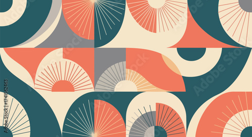 Geometric pattern with circles, segments, and lines. Retro palette of beige, teal, orange, and grey