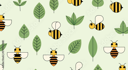 Cartoon bees and leaves scattered on pale green background, simple style