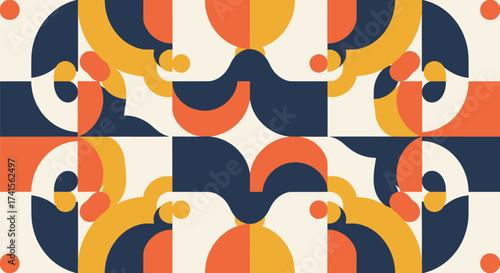 Retro design of geometric, repeating abstract shapes in dark blue, orange, and yellow on a cream background