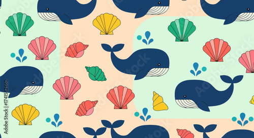 Cute, stylized whale and seashell pattern on light pastel background