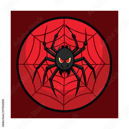 Creepy Spider Above Circular Web with Dark Red Background