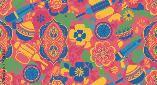 Vivid pattern of water guns, flowers, and Holi festival motifs