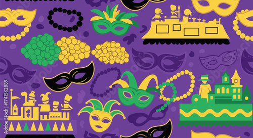 Colorful Mardi Gras background with masks, beads, and parade floats