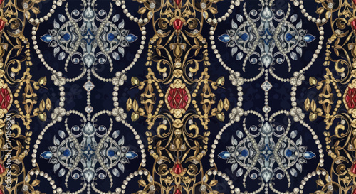 Ornamental repeat pattern with golden filigree, pearls, and gems on dark blue