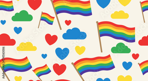 Rainbow flags, hearts and clouds on light background, repeating pattern