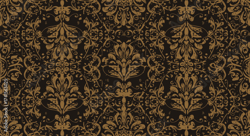 Ornate dark brown floral pattern background with curls and central symmetrical flourish