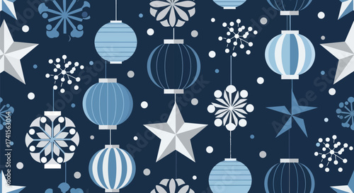 Seamless pattern of blue lanterns, stars, and snowflake shapes on navy