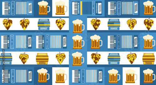 Oktoberfest-themed pattern with accordions, beer mugs, and hop plants on blue and white squares