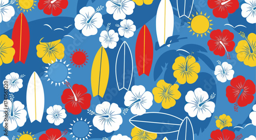 Summer pattern with surfboards, hibiscus, sun, birds, on blue