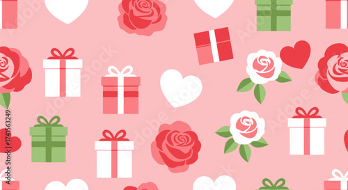 Gifts, roses, and hearts create a light pink seamless pattern
