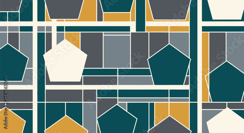 Geometric pattern of teal, mustard, and gray shapes, including pentagons, outlined with white stripes