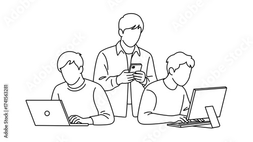 Dynamic team collaboration with modern technology, creating innovative solutions together online, vector teamwork