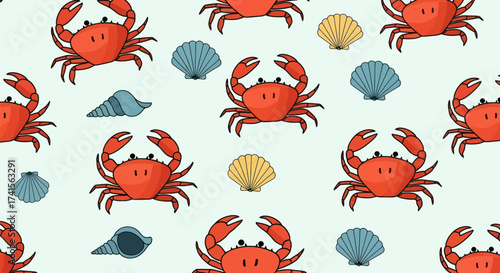 Repeating cartoon crabs and shells on light blue background