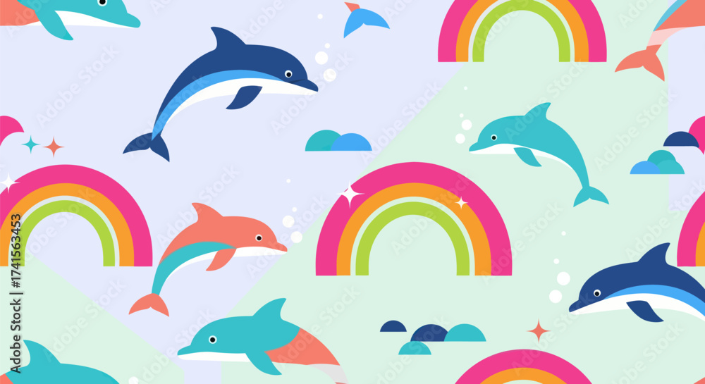 Naklejka premium Playful pattern colorful dolphins, rainbows, simple shapes on light background