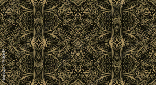 Ornate, symmetrical, floral-esque pattern in dark gold, vintage style