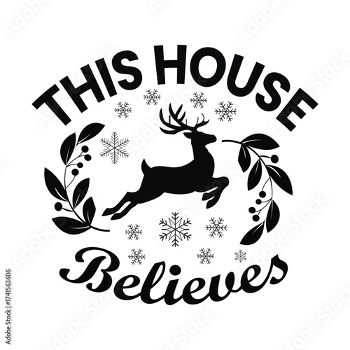 Whimsical christmas house believes silhouette design with reindeer and snowflakes
