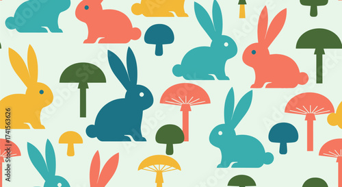 Seamless pattern stylized rabbits & mushrooms in muted colors