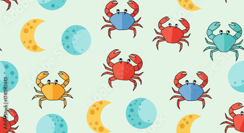 Cartoon crabs and moons on pale green