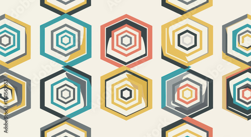 Colorful geometric pattern with nested hexagons, overlapping shapes