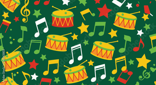 Colorful pattern of music notes, stars, and drums on a green background