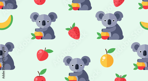 Koala and fruits pattern, light green background