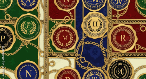 Ornamental pattern gold chains, seals, and colored squares