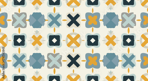Geometric pattern with crosses, squares, diamonds, and petal-like shapes