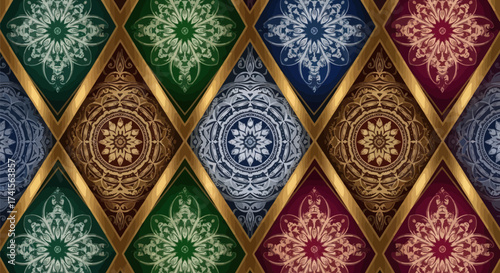 Ornate rhomboid floral mandala pattern with colorful fillings