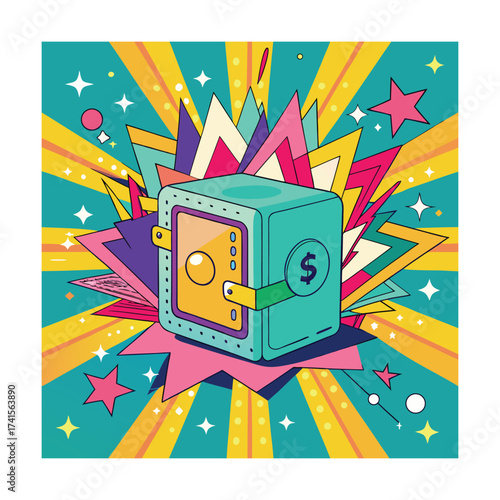 Retro Pop Art Safe with Colorful Cash Explosion