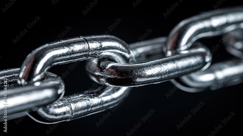 Obraz premium Shiny metallic chain links are displayed prominently against a dark background showcasing their texture and strength. The gleaming surface reflects light beautifully.