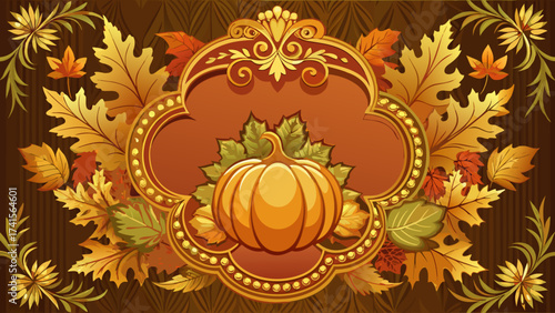 Elegant Thanksgiving vector template, ornate border with autumn leaves, decorative Victorian frame, golden tones, deep festive background, center left empty for message, luxury seasonal card, poster 