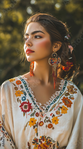 Latina woman wearing traditional embroidered dress in sunlight